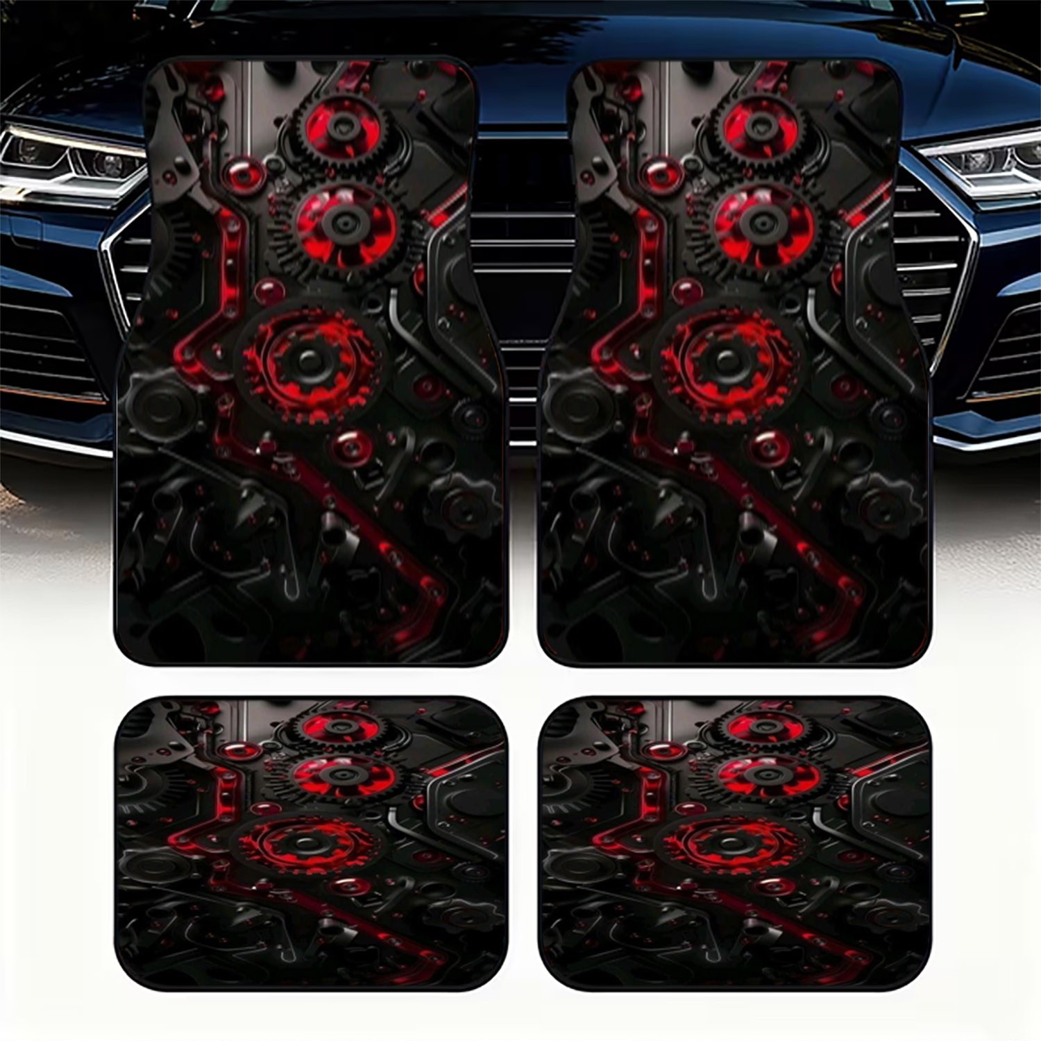 Interior Design Industrial Style - 4枚組 車用フロアマット、未来的な黒と赤のメカニカルスタイル、素材、車内用ユニバーサル、洗練された工業デザイン、Enh