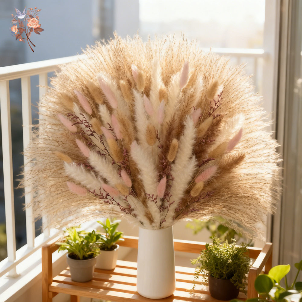 ふわふわパンパスウサギの尾草ピンクドライフラワーバンドルホー - Dried Pampas Bundle のレビューと価格
