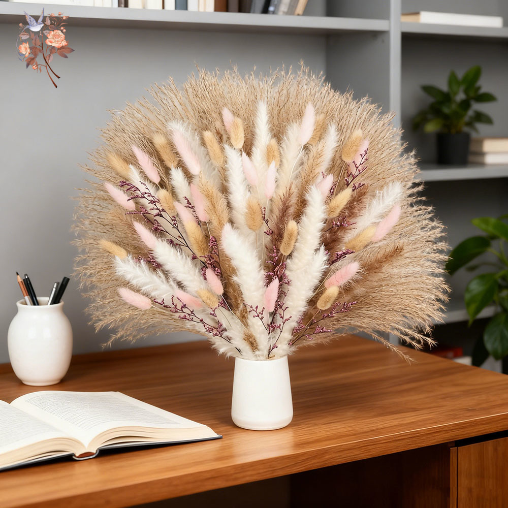 ふわふわパンパスウサギの尾草ピンクドライフラワーバンドルホー - Dried Pampas Bundle のレビューと価格