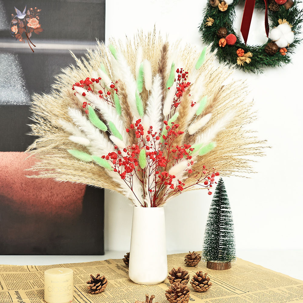 70本のふわふわした緑と赤のパンパスグラスの束、クリスマスの - Dried Pampas Bundle のレビューと価格
